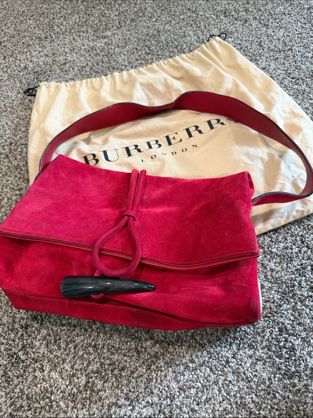 Burberry Fuchsia Suede Shoulder Bag with Toggle Accent. Circa 2007